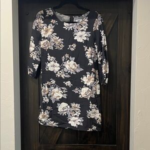 Black Floral Dress with Cream Blooms and Half Zipper on the Back